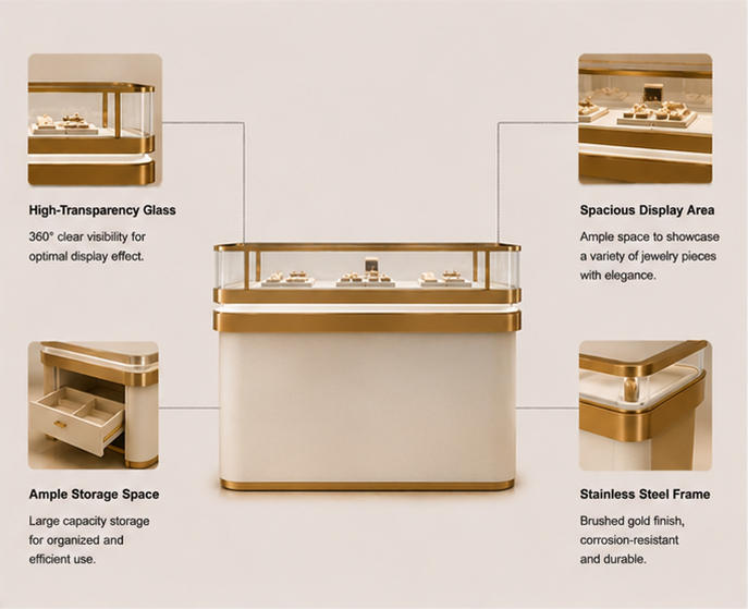 Feature diagram of partitioned jewelry display set with modular structure and storage