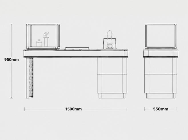 CAD drawing integrated jewel desk carved gold leg single glass kiosk customer service counter side storage plinth dimension layout