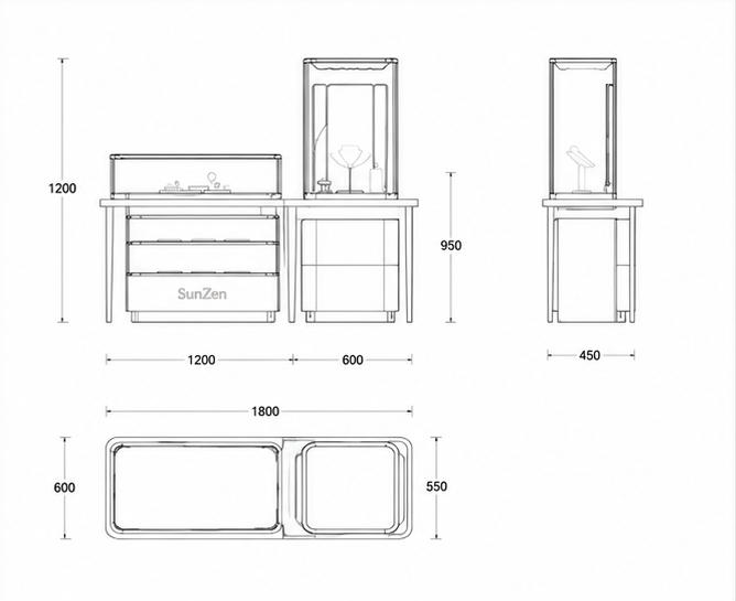 CAD layout combined jewelry display set two-tier pull out drawer tower counter top vitrine slim gold frame table mixed gem retail suite dimension drawing
