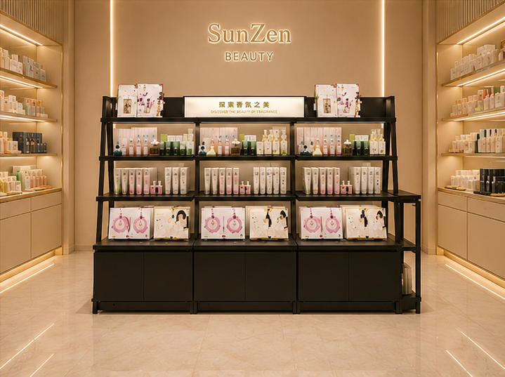 Front real shot multi-layer cosmetic display rack inside beauty retail shop