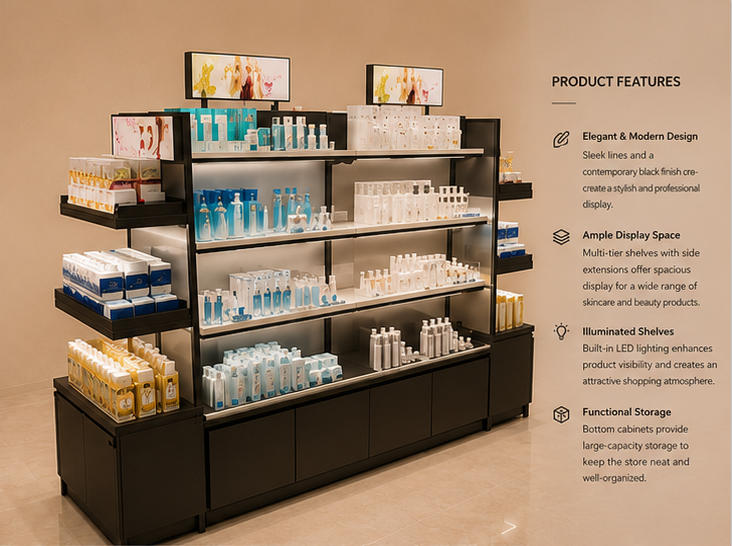 45° oblique view side wing backlit skincare retail showcase with feature labels