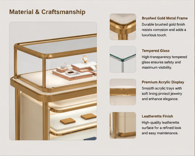 Material close-up seamless matte cream cabinet body, thin anti-oxidation slim gold alloy frame, low iron tempered glass for mixed gem retail suite two-tier pull out drawer