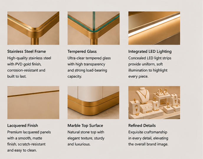 Close-up matte cream leather wrapped cabinet body thin brushed gold metal frame transparent tempered glass jewelry tray compartment