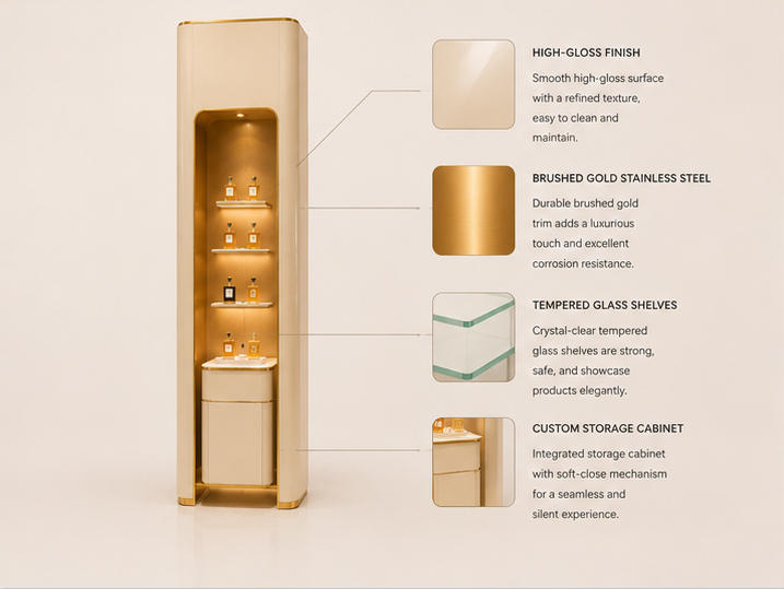 Close-up cream leather panel, gold trim and embedded top LED for tall fragrance display unit