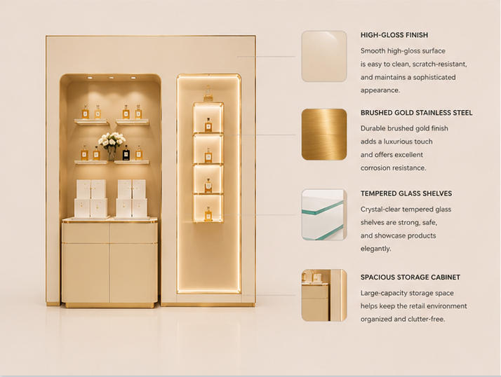 Close-up cream leather panel, continuous gold edge and hidden LED strip for perfume niche wall