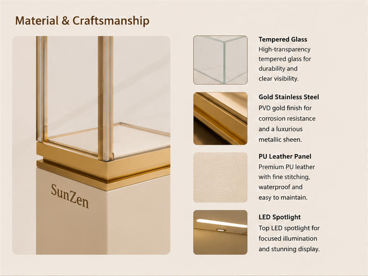 Material close-up seamless cream matte square pedestal, anti-oxidation polished gold trim, low iron clear vertical glass for branded gem display stand top spot jewelry booth