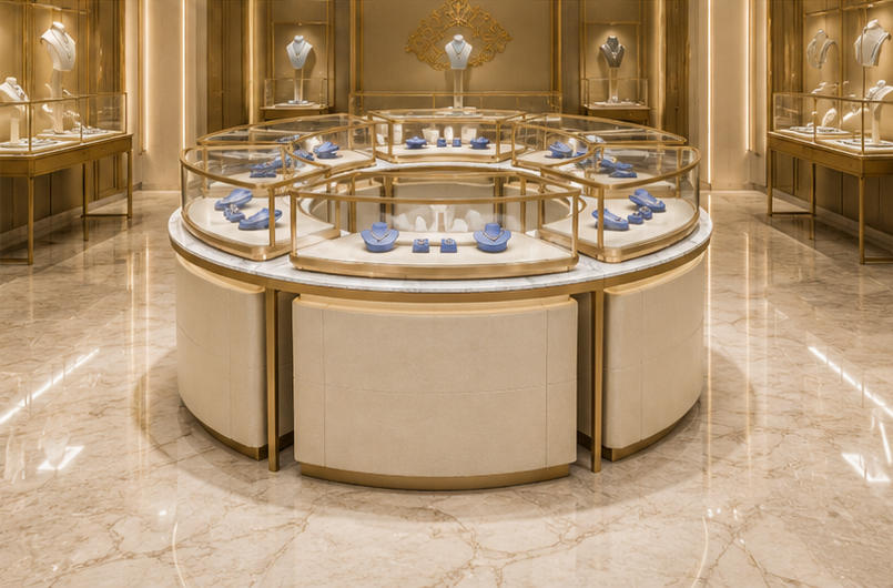 Real Installation Shot Of Five-segment Arc Modular Jewelry Circular Modular Display Island In White Cream Light Luxury Fine Jewelry Flagship Store Central Core Exhibition Zone