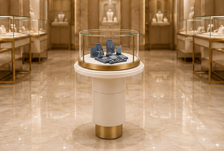 Real Installation Shot Of Tiered Cylindrical Base Jewelry Round Pedestal Display Stand In Cream Light Luxury Fine Jewelry Boutique Window Mall Mini Kiosk Independent Focal Zone