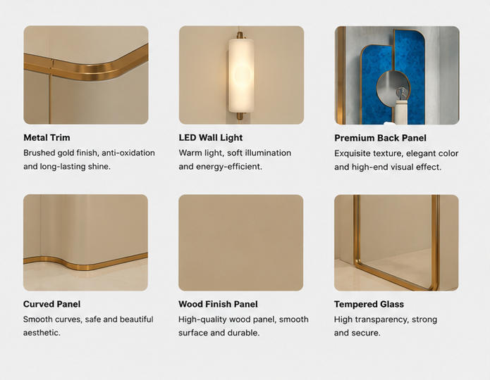 Material close-up seamless segmented matte cream modular panels, full thin polished gold perimeter trim, soft touch blue velvet interior lining, low iron anti-reflection recess glass for blue velvet inner backdrop wall sconce accent booth