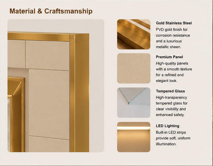 Material close-up seamless spliced cream matte wall panel, full perimeter polished gold decorative trim, low iron anti-reflection recess glass for wall mounted jewelry booth multi-frame gem display wall