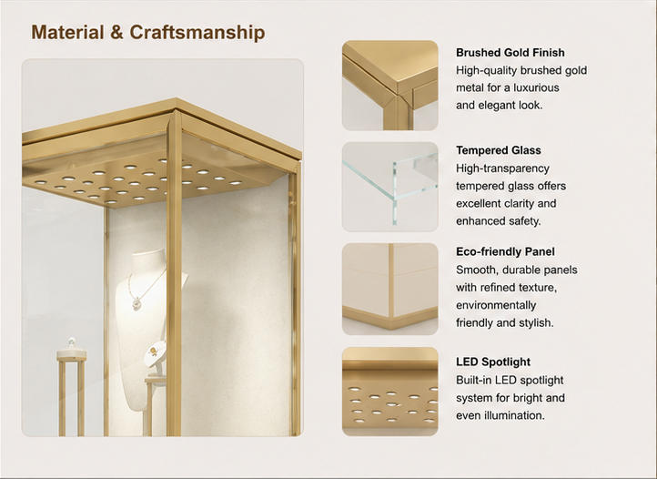 Material close-up seamless matte cream three-layer drawer cabinet, full surround polished gold alloy trim, low iron transparent vertical glass for cream drawer base unit gold frame top vitrine