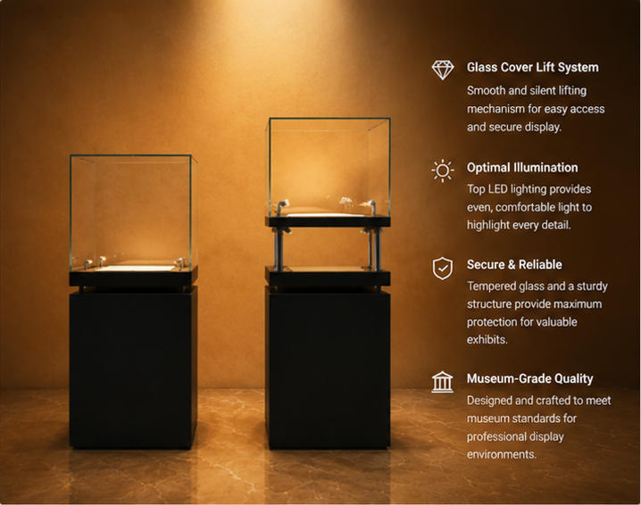 Close-up full cube UV transparent glass, central diffused backlit LED panel, matte black square plinth inside single relic pedestal booth compact freestanding heritage unit