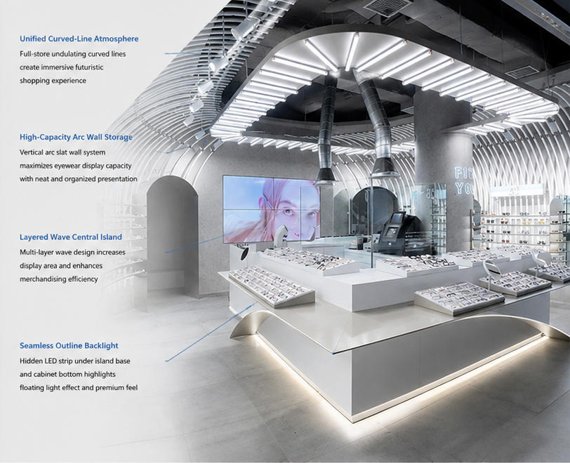45° oblique view wave central optician island arc wall eyewear rack modern curved eyewear fixture feature labels