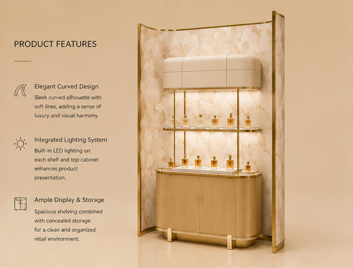 45° oblique view curved gold frame perfume station with English selling feature labels