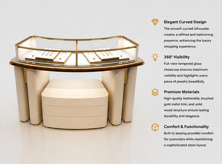 45 Degree Full Render of Cream Gold Frame Curved Jewelry Island Table