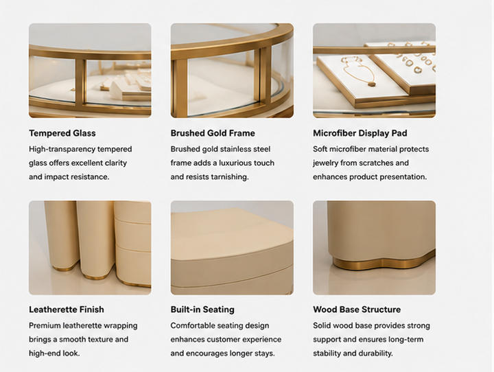 Material & Craft Close-up of Cream Gold Frame Curved Jewelry Island Counter
