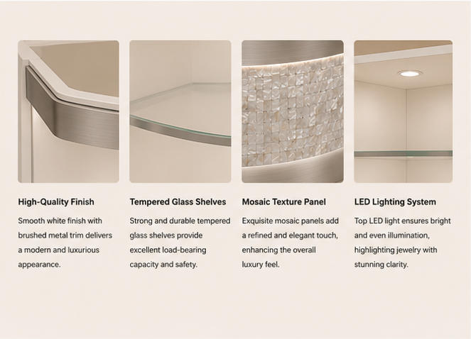 LED Light Strip, Curved Glass Shelf & Mosaic Stone Base Close-up Detail