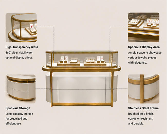 Features diagram of enclosed jewelry display case with curved glass and LED lighting