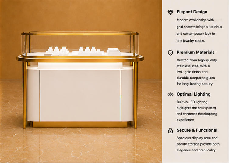 Feature close-up of oval curved tempered glass top, seamless gold frame, closed white storage cabinet of low profile display island