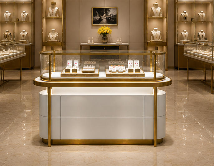 Curved glass jewelry counter applied in a luxury jewelry boutique