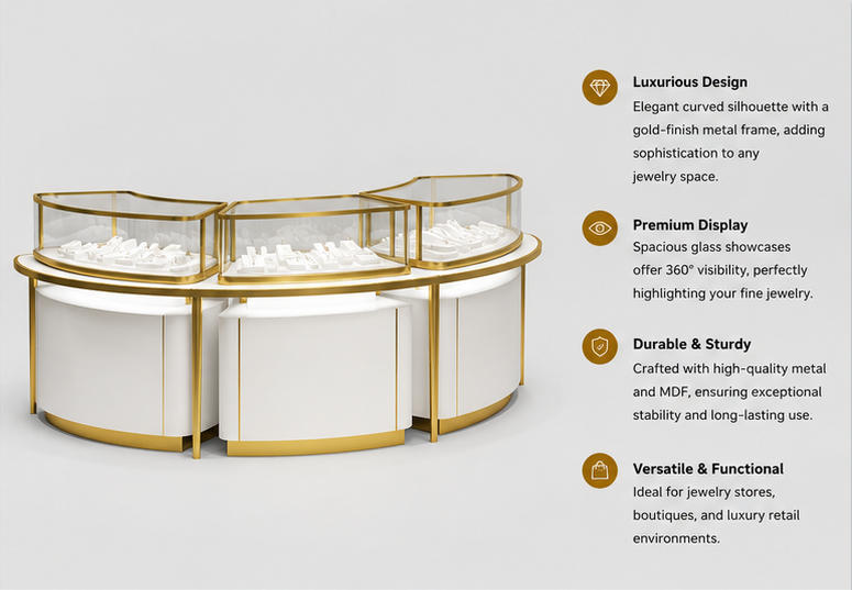 45 Degree Full Render of Three-unit Arc Modular Gold Frame White Curved Base Jewelry Curved Combined Display Island