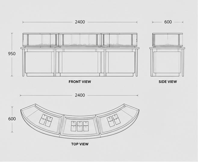 Jewelry Curved Combined Display Island CAD Structural Drawing