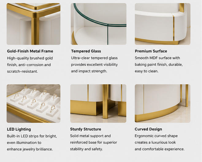 Material & Craft Close-up of Three-unit Arc Modular Gold Frame White Curved Base Jewelry Curved Combined Display Island