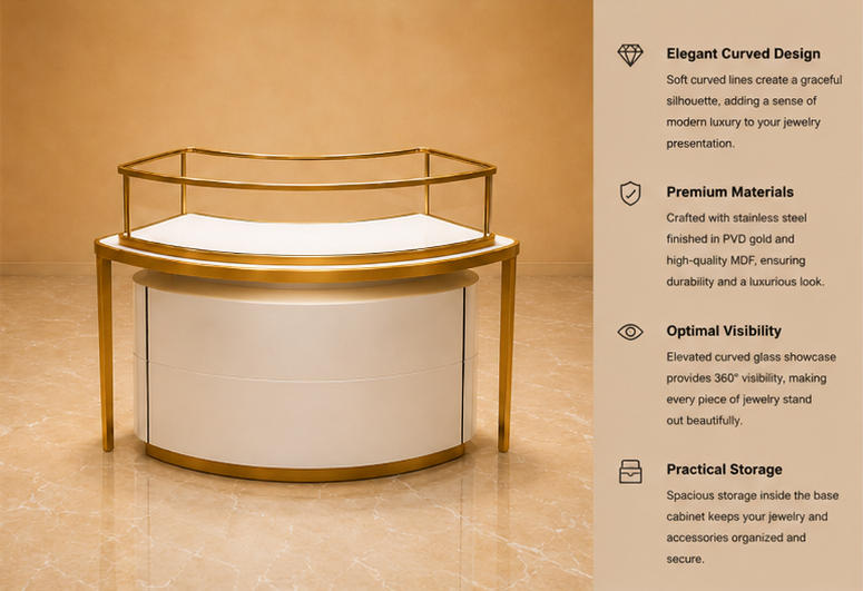45° render curved jewel island wave metal frame raised tier plinth rounded drawer base semicircle kiosk unit functional labels