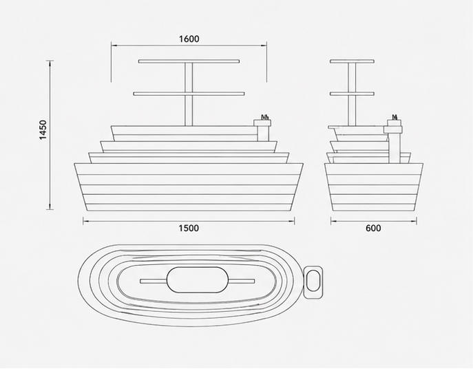 CAD drawing grey curved tier LED eyewear island central triple round metal optical display tower side tool holder