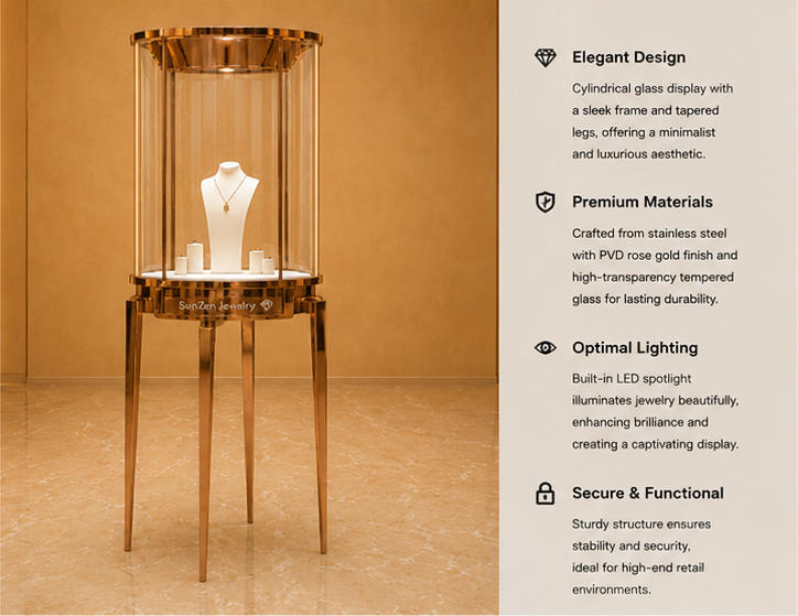 Feature close-up of full-circle round glass enclosure, three thin metal legs, internal necklace bust of tall circular showcase