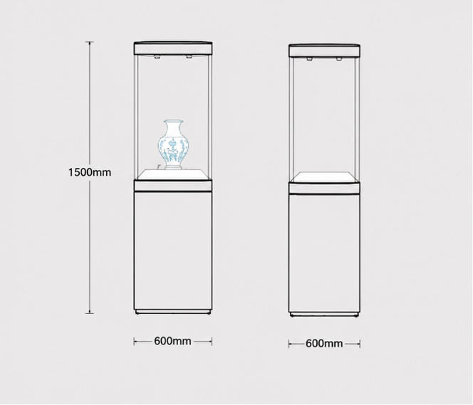 CAD layout drawing of cylindrical vase vitrine round pedestal museum stand tall circular artifact cabinet dimension marking