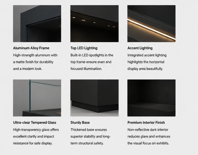 Material close-up matte dark anti-reflection frame, UV filtering tempered glass, acid-free dark fabric lining for UV archival art case