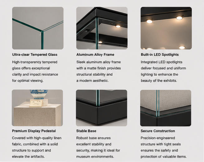 Material craft close-up of matte dark aluminum frame, low-iron anti-UV tempered glass, linen-texture archival stone display risers