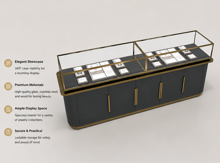 45 Degree Full Render of Dark Grey Dual Split Glass Long Rectangular Gold Trim Jewelry Central Showcase