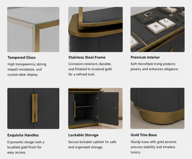 Material & Craft Close-up of Dark Grey Gold Frame Dual Split Glass Long Rectangular Jewelry Display Counter