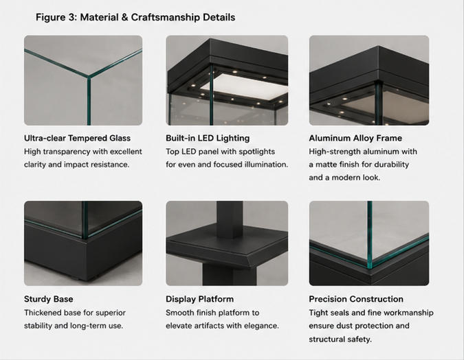 Material craft close-up of matte dark grey cabinet frame, low-iron anti-UV vertical glass, acrylic elevated relic display riser, linen archival base mat