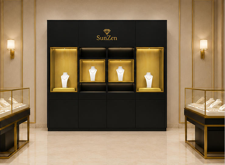 Real Installation Shot In Dark Minimalist Luxury Jewelry Boutique