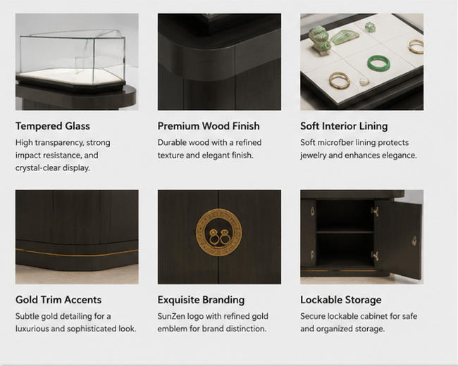 Material & Craft Close-up of Deep Oak Matte Dual Split Glass Carved Brass Emblem Jade Jewelry Display Counter