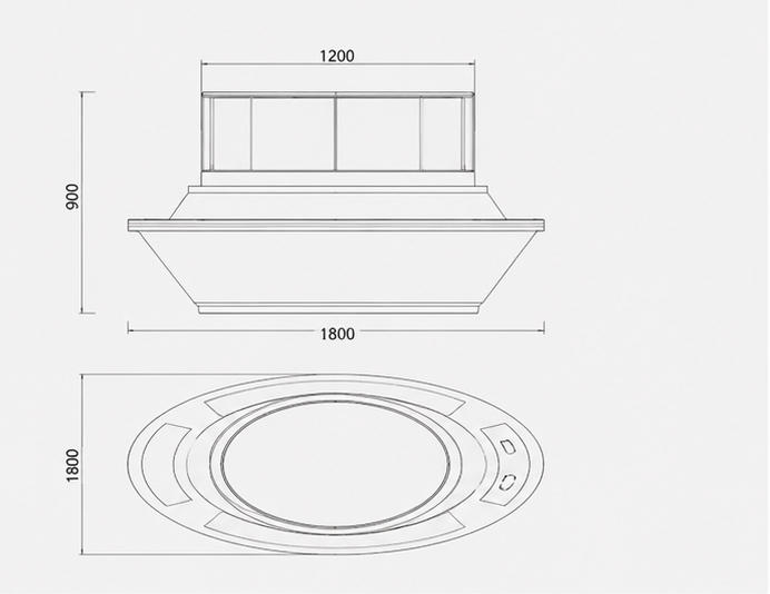 CAD drawing three-tier round optical island central enclosed glass dome booth full surround LED graphic wrap cabinet