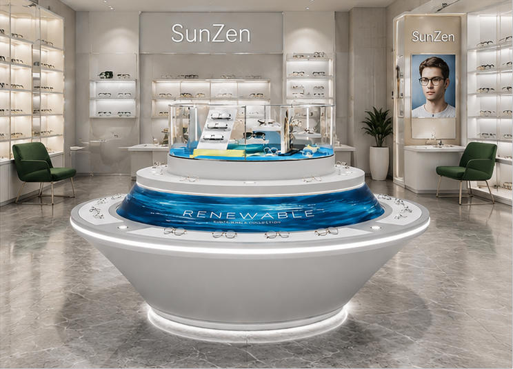 Full front render shot three-tier round glass dome optical island inside modern sustainable eyewear boutique