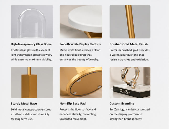 Material & Craft Close-up of Gold Pole Clear Dome Jewelry Dome Pedestal Stand