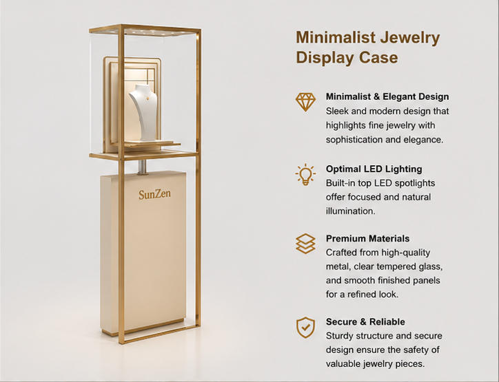 Close-up perforated dot ceiling spotlights, elevated inner layered display shelf, white necklace bust inside open gold frame pedestal ceiling dot spot booth