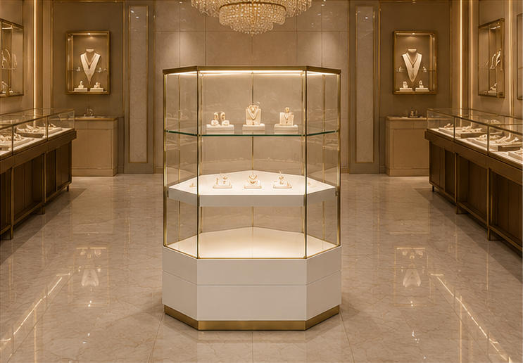 On-site Wall Corner Installation Shot Of Hexagon Jewelry Corner Showcase In Minimalist Jewelry Boutique