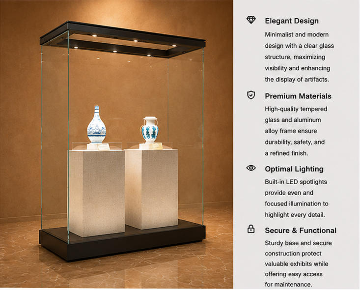 Feature close-up of full-height UV transparent glass, top integrated LED light bar, dual textured stone rectangular museum plinth inside wide heritage glass booth