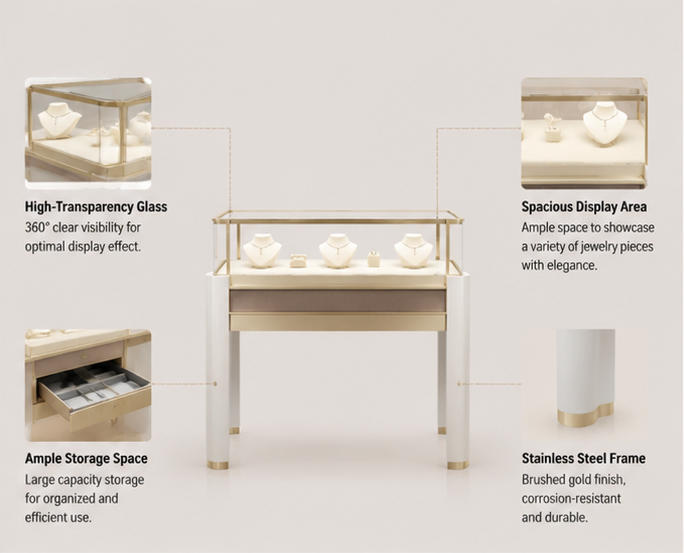 Function diagram four post thick leg necklace display fixture with storage drawer