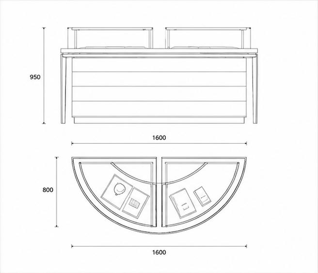 CAD layout curved cream jewelry counter dual arc glass booth gold curved frame case round layered base unit center gem display island dimension drawing