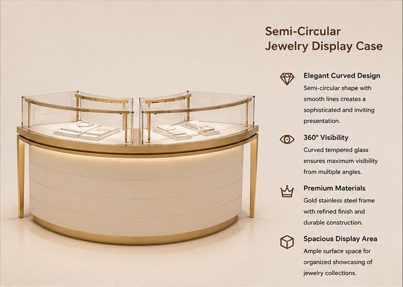 Close-up double independent arched UV glass hoods, curved gold wrapping frame, white multi-size jewelry trays inside curved cream jewelry counter dual arc glass booth