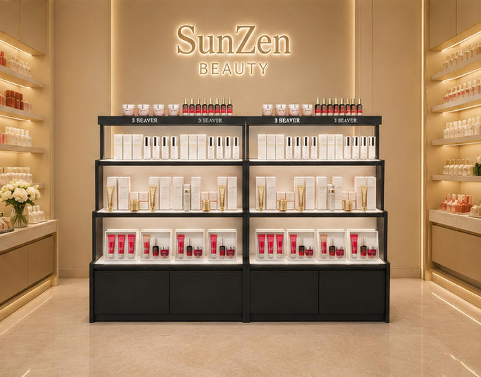 Front full shot split dual tiered cosmetic counter brand shop display render