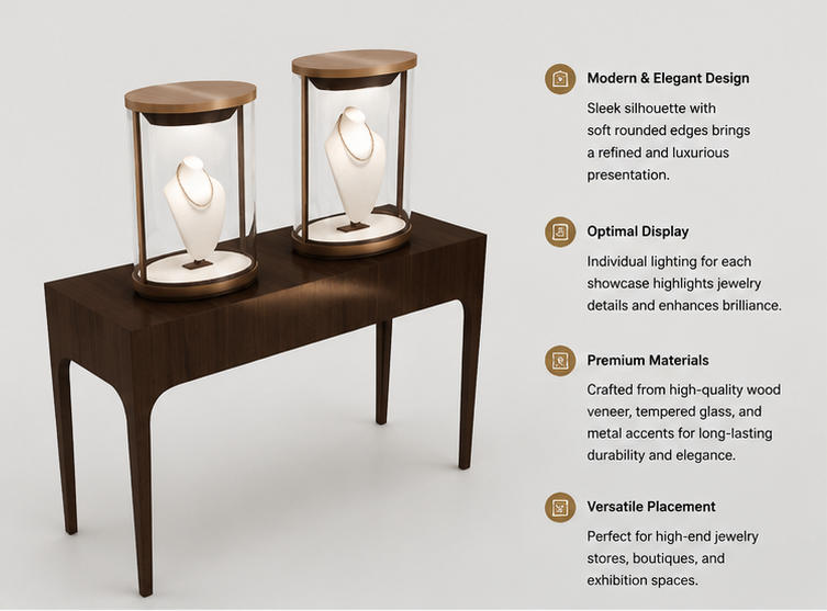 45 Degree Full Render of Dark Wood Curved Leg Two-size Cylinder Dome Jewelry Dual Cylinder Display Table