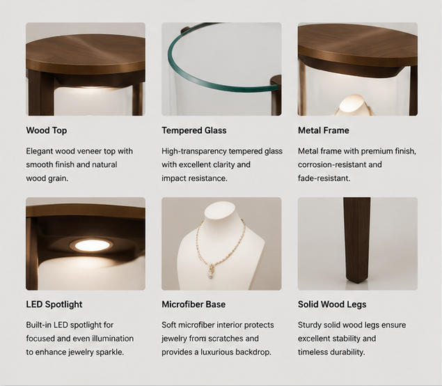 Material & Craft Close-up of Dark Wood Curved Leg Two-size Cylinder Dome Jewelry Dual Cylinder Display Table